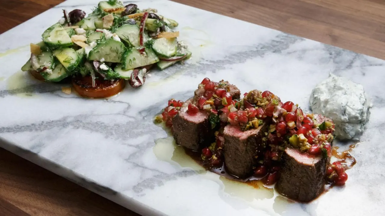 Lamb Loin with Pomegranate Glaze and Pomegranate Pistachio Relish