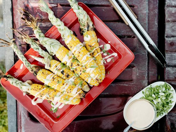 Grilled Corn on Cob with Kimchi Mayo and Scallions