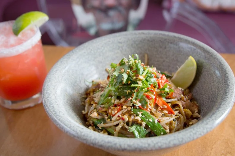 1/3 Asian dishes + 1/3 Mexican dishes + 1/3 Asian/Mexican fusion dishes = an extremely popular formula for dinner at Sumomaya in Scottsdale. Even at Sunday brunch the crowd is well dressed, and the Mimosas, Bloody Marys and Micheladas are bottomless (for an extra $10). Pictured is one of their fusion dishes, the Pork Al Pastor Pad Thai, which is served with endless appetizers and desserts when ordered at brunch.
