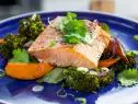 Geoffrey Zakarian makes a Cheat Sheet with Roasted Spiced-Salmon over Sweet Potatoes and Broccolini, as seen on Food Network's The Kitchen