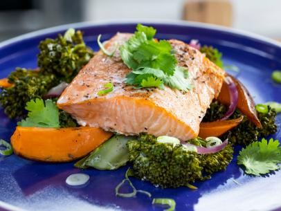 Geoffrey Zakarian makes a Cheat Sheet with Roasted Spiced-Salmon over Sweet Potatoes and Broccolini, as seen on Food Network's The Kitchen