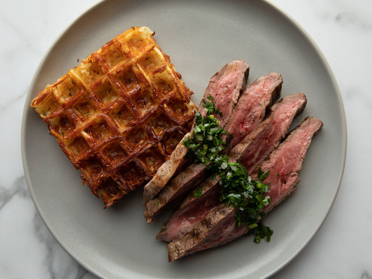 Flank Steak With Herb Sauce And Three Cheese Waffle Hash Browns Recipe Chefs Resource Recipes 6542