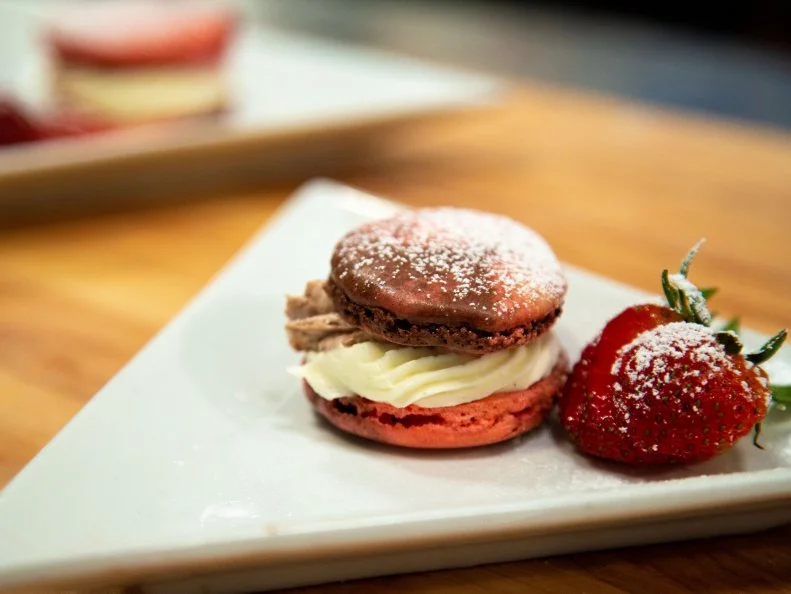 Elise's final dish - MACARON,NEAPOLITAN MACARON W/ NEAPOLITAN SWISS MERINGUE BUTTERCREAM, as seen on Kids Baking Championship, Season 8.