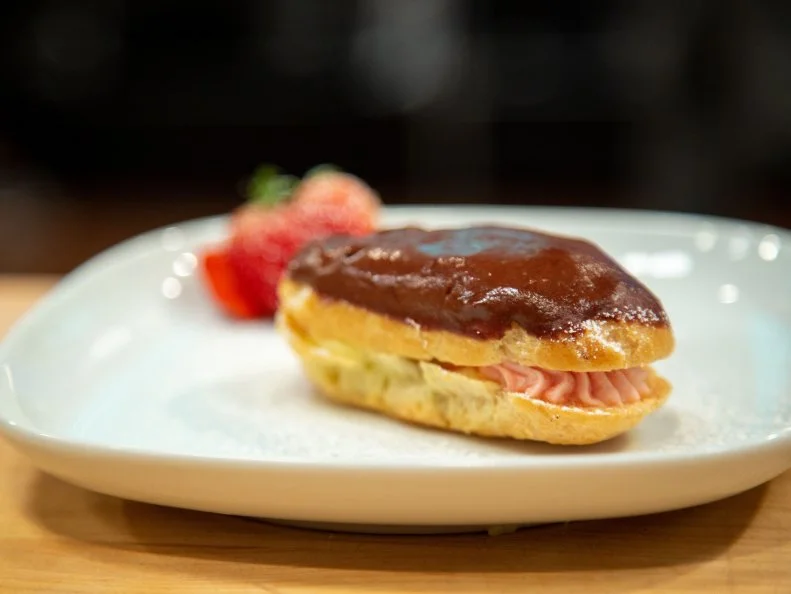 Morgan's final dish - ?âCLAIR,?âCLAIR WITH VANILLA PASTRY CREAM AND STRAWBERRY BUTTERCREAM TOPPED W/ CHOCOLATE GANACHE FROSTING, as seen on Kids Baking Championship, Season 8.