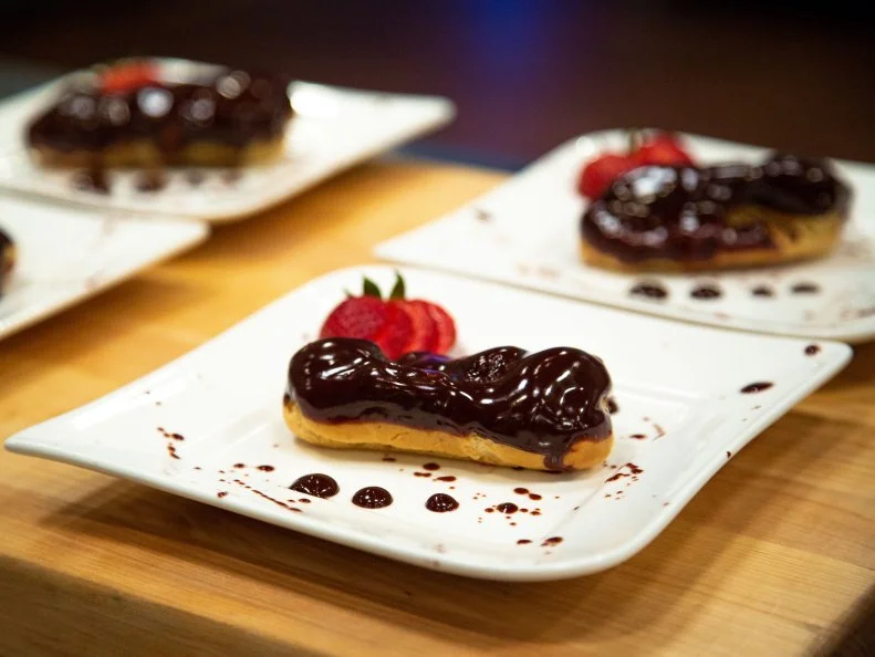 Naima's final dish - VANILLA ?âCLAIR W/ STRAWBERRY PASTRY CREAM AND CHOCOLATE GANACHE GLAZE, as seen on Kids Baking Championship, Season 8.