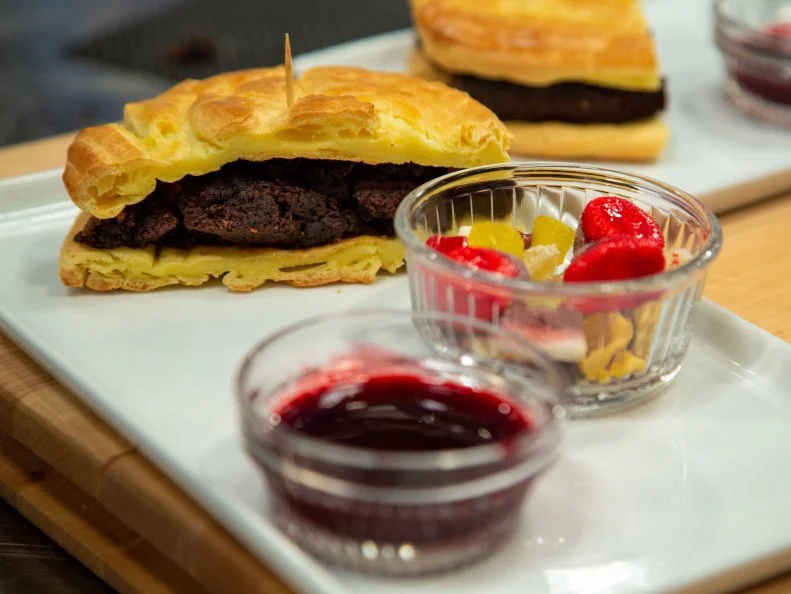Morgan's final dish - French dip on French Roll, Twist: Fruit Cup - éCLAIR BREAD, CHOCOLATE BROWNIE  'MEAT Äù, BLACKBERRY COULIS JUS, WITH CANDIED GINGER, CHOCOLATE & WHITE CHOCOLATE CHIPS, COCONUT GUMMY CANDIES AND CHOCOLATE CRYSTAL FRUIT SALAD , as seen on Kids Baking Championship, Season 8.