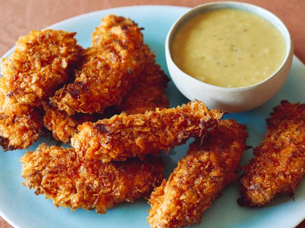 Potato Chip Crusted Chicken Strips With Honey Mustard Dipping Sauce Recipe Kardea Brown Food Network
