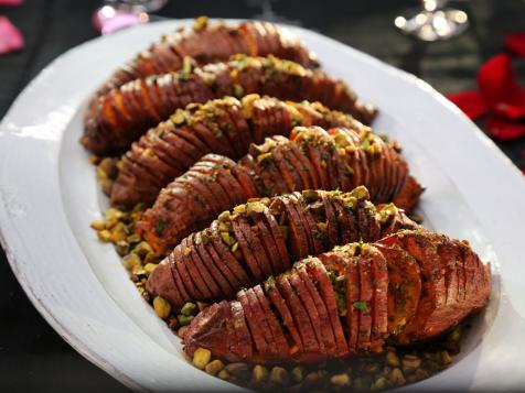 Hasselback Sweet Potatoes with Pistachio Crumble