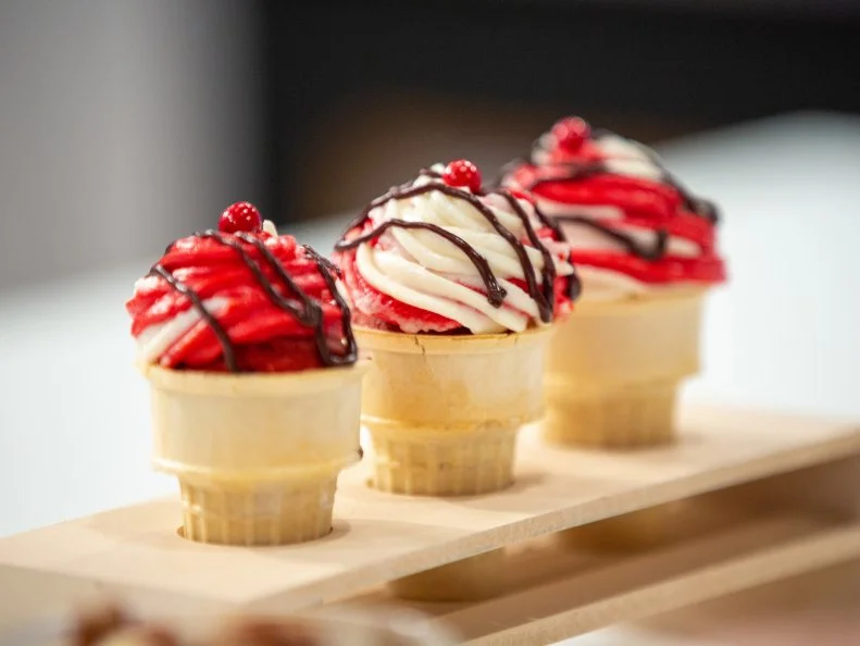 Graysen's final dish - RED VELVET CUPCAKE WITH CREAM CHEESE ICING AND CHOCOLATE GANACHE DRIZZLE,WITH VANILLA BEAN ICE CREAM WITH CANDIED PECAN CRUMBLE AND CHOCOLATE GANACHE, as seen on Kids Baking Championship, Season 8.