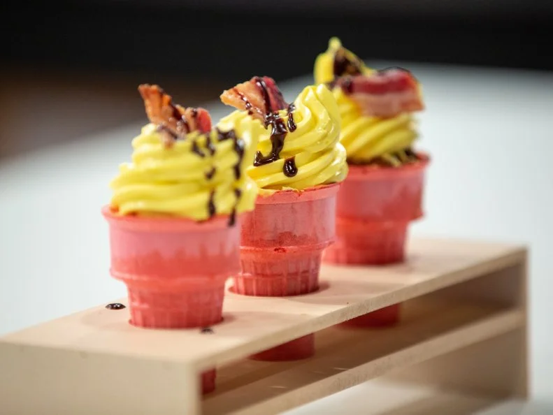 Naima's final dish - MAPLE BACON CUPCAKE WITH MAPLE SWISS BUTTERCREAM TOPPED WITH BACON AND CHOCOLATE DRIZZLE WITH MAPLE ICE CREAM WITH CHOCOLATE DRIZZLE, as seen on Kids Baking Championship, Season 8.