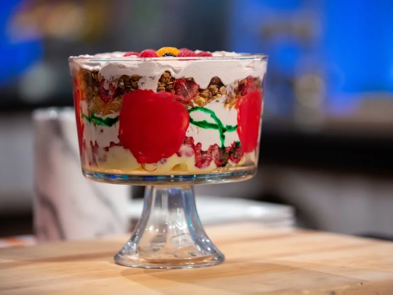 Sam's final dish - OLIVE OIL CAKE WITH VANILLA PASTRY CREAM AND RASPBERRY MOUSSE,WITH MAPLE NUT GRANOLA, as seen on Kids Baking Championship, Season 8.