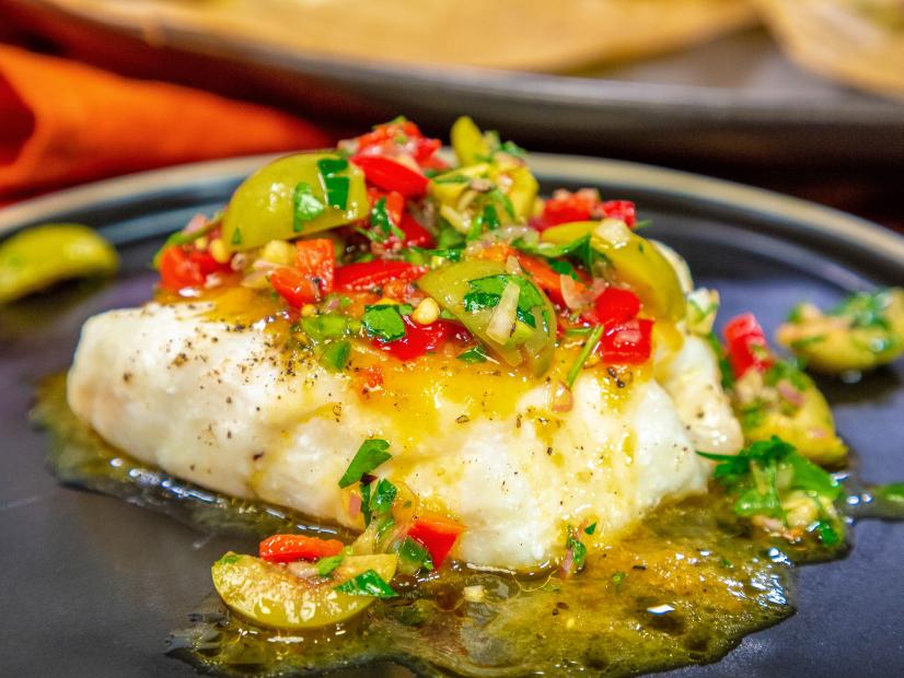 Halibut Steamed in Parchment and Martini Relish and Sour Orange Sauce beauty, as seen on Food Network Kitchen Live.