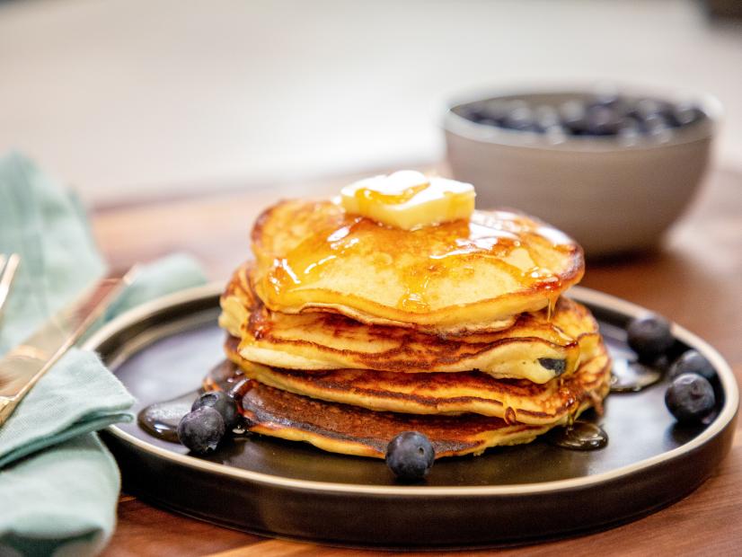 Fluffy & Decadent Blueberry Ricotta Pancakes beauty, as seen on Food Network Kitchen Live.