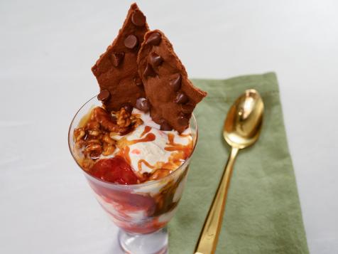 Brownie Brittle Sundae with Strawberry Sauce and Caramel Walnuts