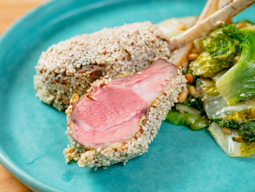 Marc Murphy features Sesame-Crusted Rack of Lamb with Wilted Greens, as seen on Food Network Kitchen Live.