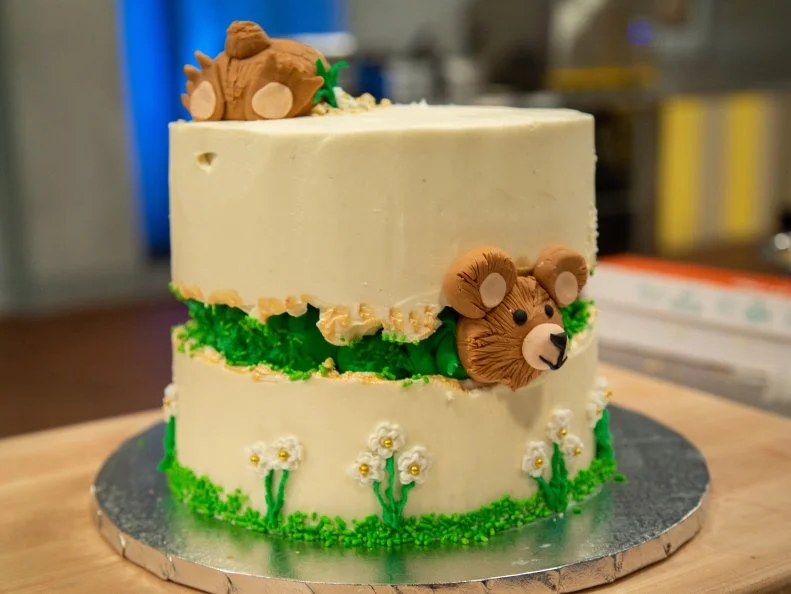VAL: Hibernating Bear/Active Bear .White Velvet Cake with Hazelnuts and Raspberry Basil Salt Buttercream Twist: Basil Salt, as seen on Spring Baking Championship, Season 6.