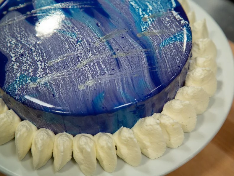Arin's final space cake - ARIN: Shooting Star. White Chocolate Entremets with Grapefruit Gelée, Strawberry Mousse and a Pistachio Sable, as seen on Spring Baking Championship, Season 6.