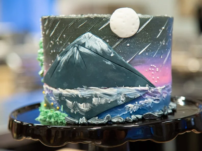 Christine's final space cake - CHRISTINE: Meteor Shower . Chocolate Cake with Chocolate Macadamia Nut Ganache and Strawberry Buttercream, as seen on Spring Baking Championship, Season 6.