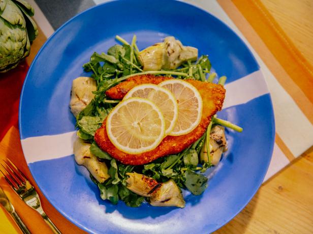 Parmesan-Crusted Chicken with Grilled Baby Artichokes image