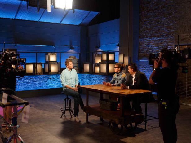 Behind the scenes of chef Bobby Flay chatting with co-hosts Marcela Valladolid and Buddy Valastro before Round 1, as seen on Beat Bobby Flay, Season 24.