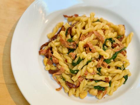 Pasta with Beans, Crispy Lunch Meat, Greens and Garlic