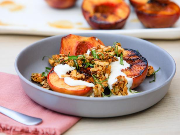 Grilled Peaches with Yogurt Whipped Cream and Oat Crunch image