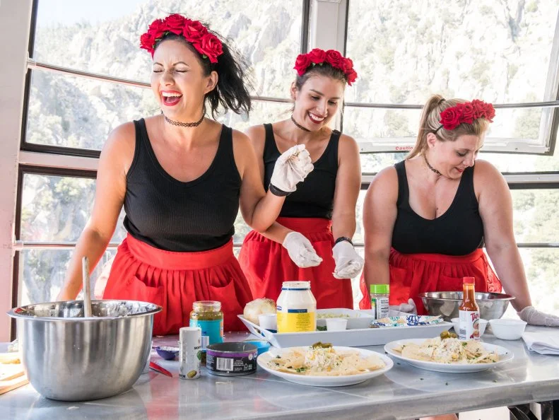 Super Sope makes an Ensalada de pollo during the creating and plating challenge that took place on the Palm Springs Tramway, as seen on The Great Food Truck Race, Season 12.