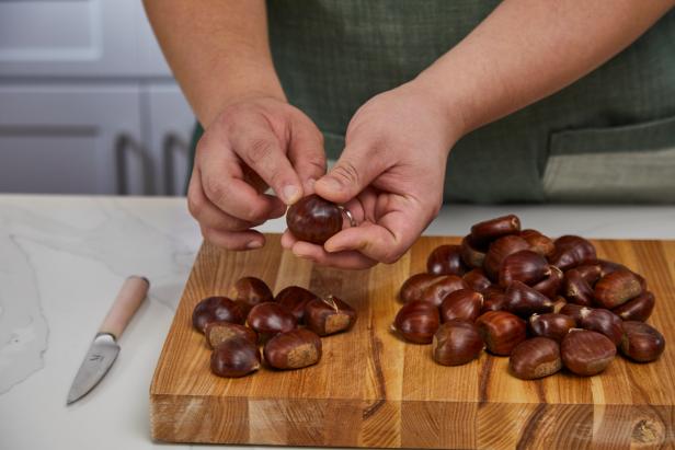Make sure the chestnuts have tight, shiny skins. Wrinkled nuts are difficult to peel.