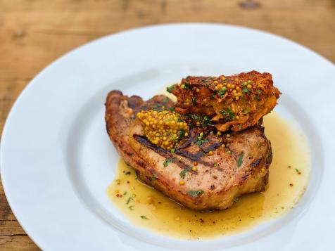 Grilled Chops with Bourbon Glaze and Sweet Potato Fritters