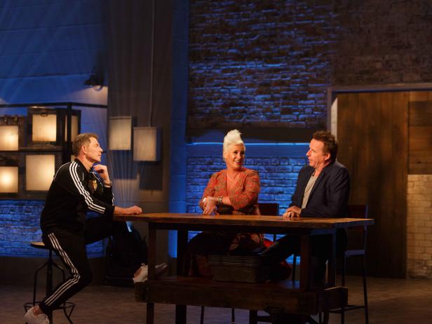Chef Bobby Flay chats with co-hosts Anne Burrell and Marc Murphy before Round 1, as seen on Beat Bobby Flay, Season 24.