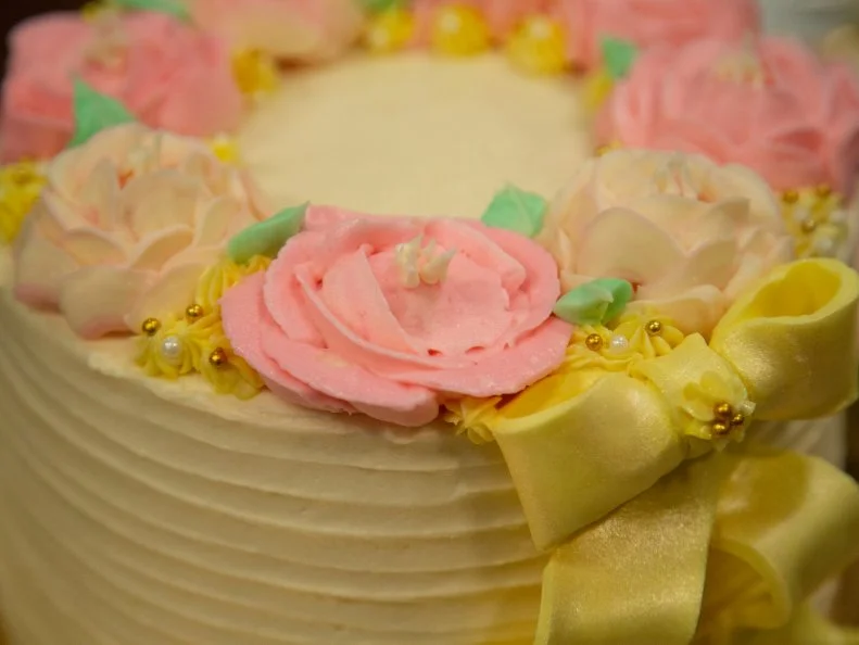 Val's final main dish - VAL: Strawberry Cake with Cream Cheese Frosting and Pistachios, as seen on Spring Baking Championship, Season 6.