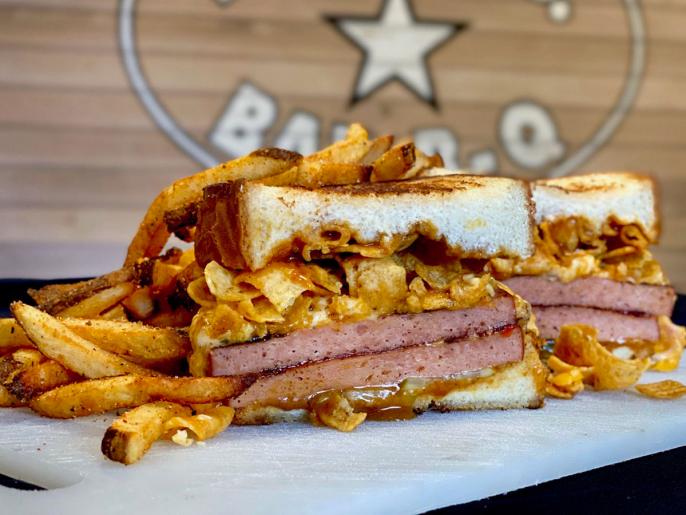 Fox Bros. BarBQ Smoked Bologna and Pimiento Cheese Sandwich aka "The