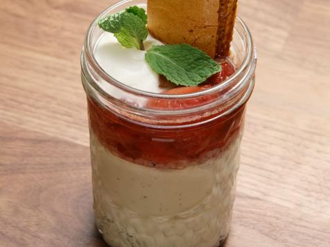 Brown Sugar Custard with Strawberry Compote, Whipped Creme Fraiche and Almond Honeycomb