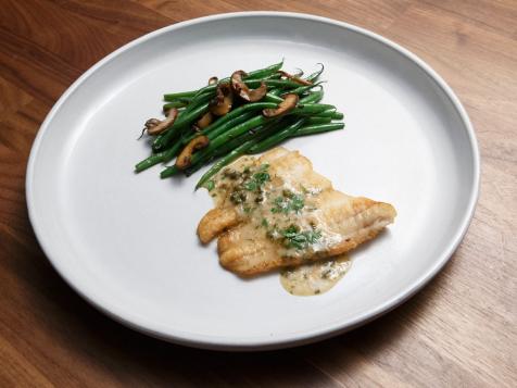 Flounder Piccata with Haricots Verts and Mushrooms