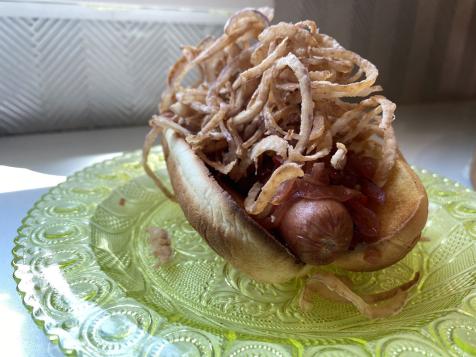 Iron Chef Hot Dog with Onion and Pepper Relish and Crispy Red Onions