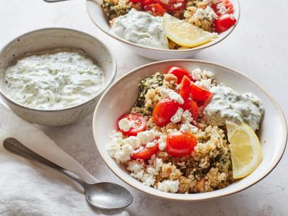 Food Network Kitchen’s 20-Minute Instant Pot Mediterranean Quinoa Bowl with Frozen Spinach and Tzatziki.
