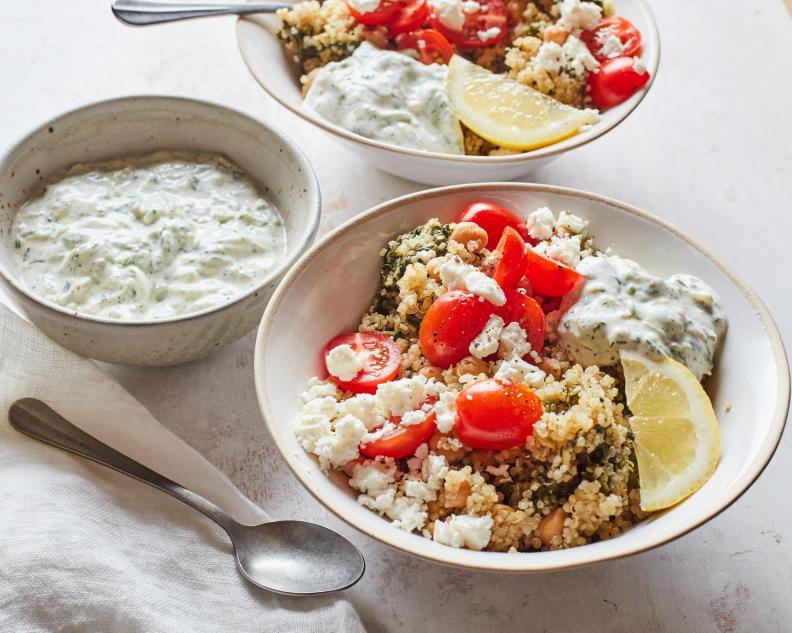Food Network Kitchen’s 20-Minute Instant Pot Mediterranean Quinoa Bowl with Frozen Spinach and Tzatziki.