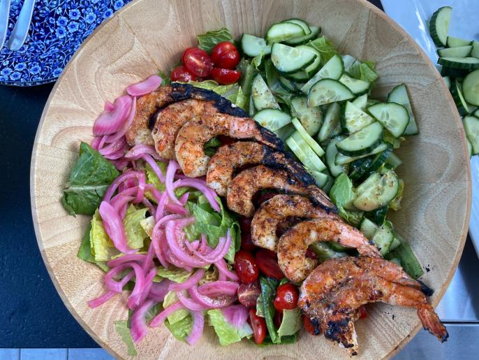 Crispy Grilled Harissa Shrimp Greek Salad Recipe Jeff Mauro Food