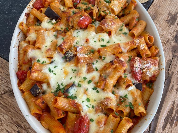 Eggplant, Tomato and Mozzarella Pasta Bake Recipe | Katie Lee Biegel