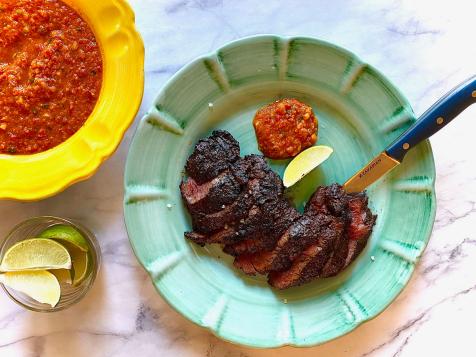 Grilled Hanger Steaks with Roasted Garlic Romesco Sauce