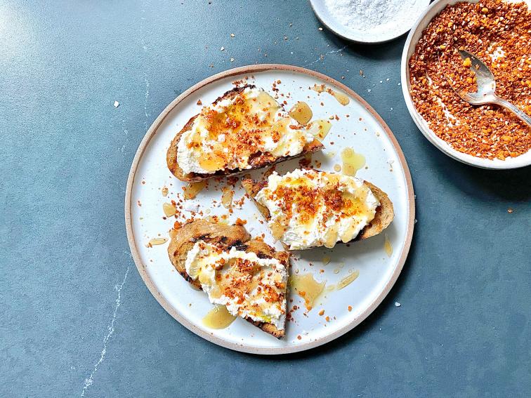 Ricotta Toasts with Walnut Dukkah, Olive Oil and Honey Recipe Justin Chapple Food Network