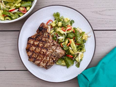 Grilled Pork Chops with Smashed Cucumbers and Green Curry Vinaigrette