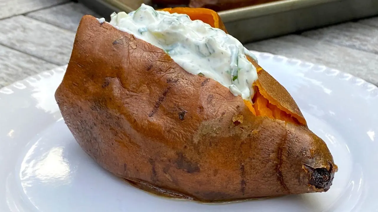 Baked Sweet Potatoes with Charred Scallion Sour Cream
