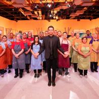 The contestants with host, Jonathan Bennett, as seen on Halloween Wars, Season 10.