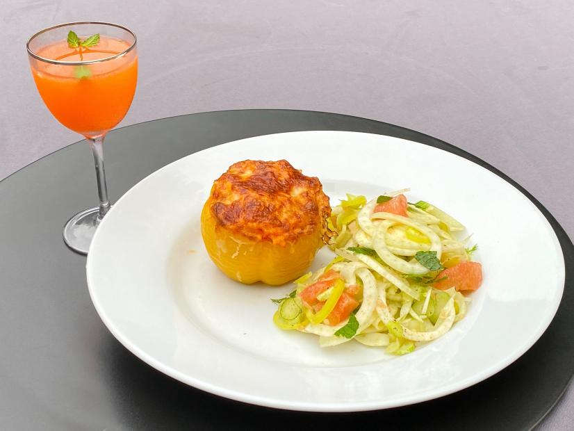 Stuffed Peppers with Cheesy Rice, Fennel Salad with Citrus, and a Red Bell Cocktail, as seen on Symon's Dinners Cooking In, Season 1.