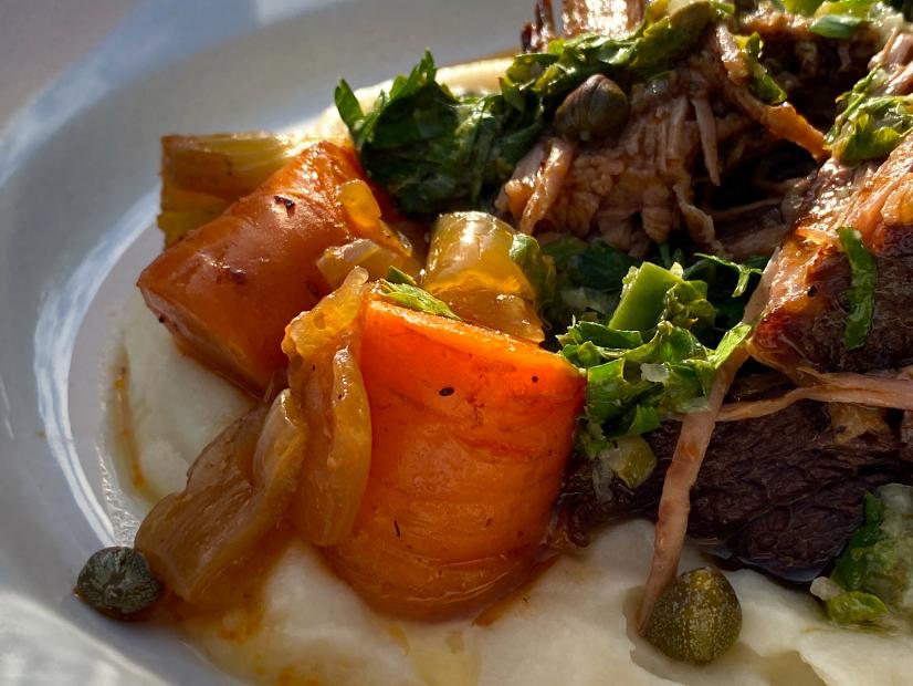 Pot Roast, Celery Root Mash, and Salsa Verde, as seen on Symon's Dinners Cooking In, Season 1.