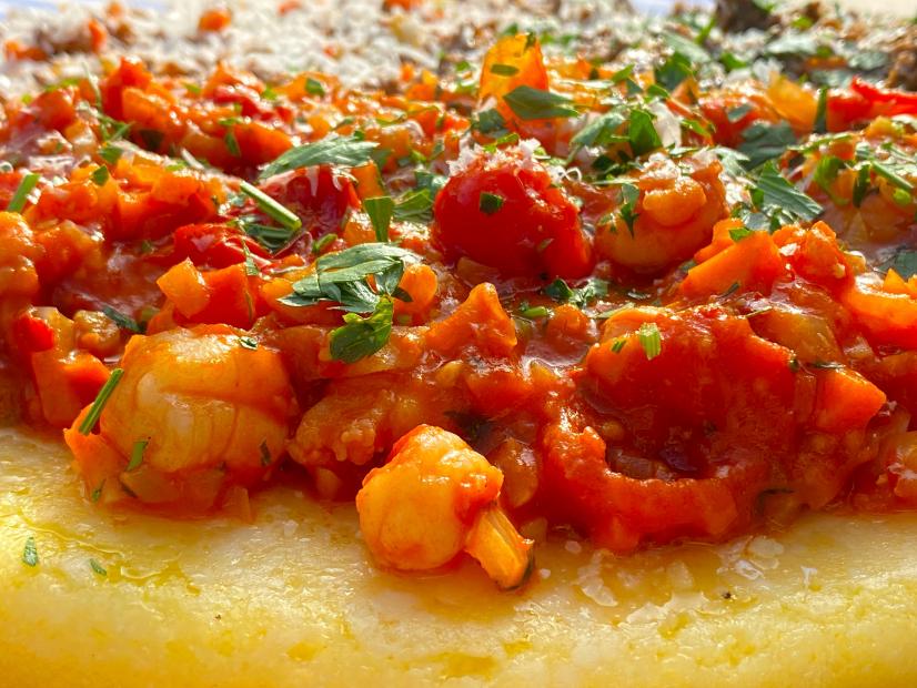 Shrimp Bolognese and Parmesan Crusted Polenta, as seen on Symon's Dinners Cooking In, Season 1.