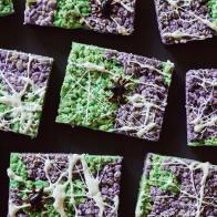 Halloween, crispy rice treats, marshmallows, butter, crispy rice cereal, food coloring, semisweet chocolate chips, chocolate covered peanuts, jellybeans,