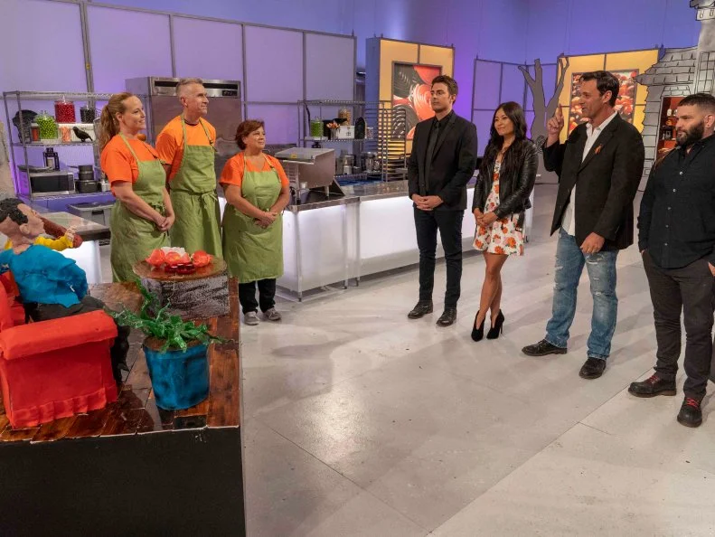 Left to Right: Team Killer Cakerz Cake Maker Carmel Turner, Pumpkin Carver Jim Bille and Sugar Expert Vanessa Greeley face the judges afte Episode 2 Spine Chiller challenge "Blind Date from Hell", as seen on Halloween Wars, Season 10.