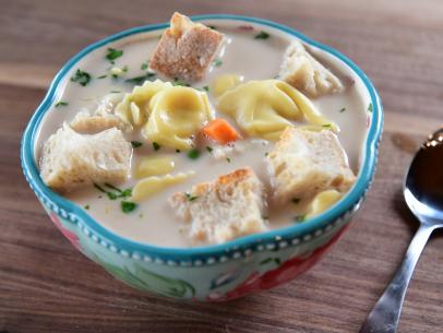 Close-up of Creamy Tortellini Soup, as seen on The Pioneer Woman, season 25.